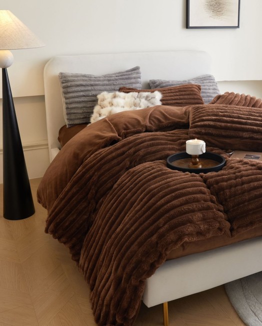 Меховой КПБ Mency Полоска Однотонный MMENPO01 цвет Коричневый