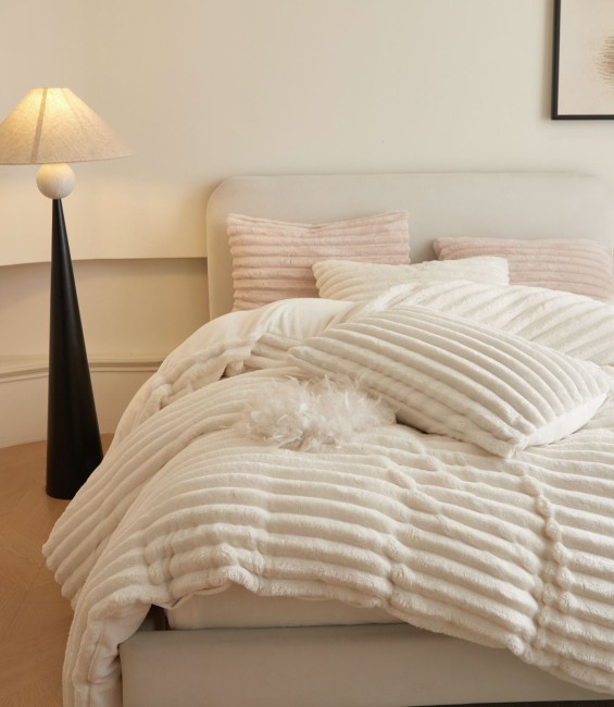 Меховой КПБ Mency Полоска Однотонный MMENPO02 цвет Кремовый