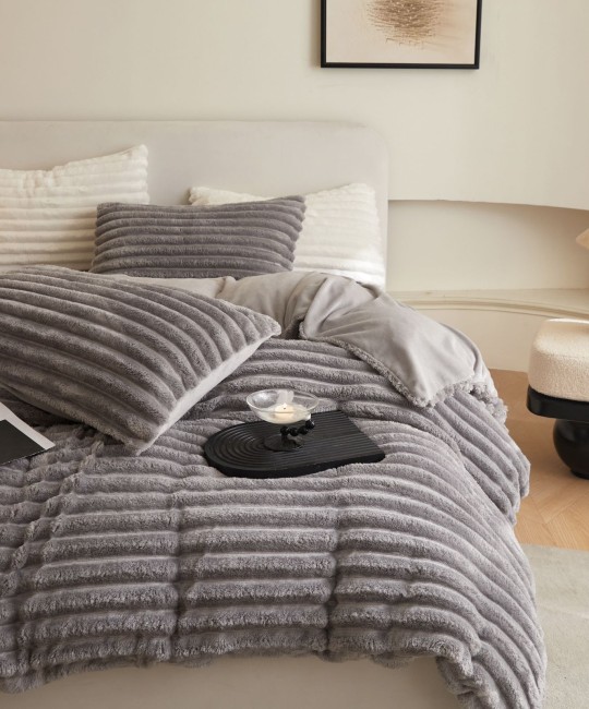 Меховой КПБ Mency Полоска Однотонный MMENPO04 цвет Серый